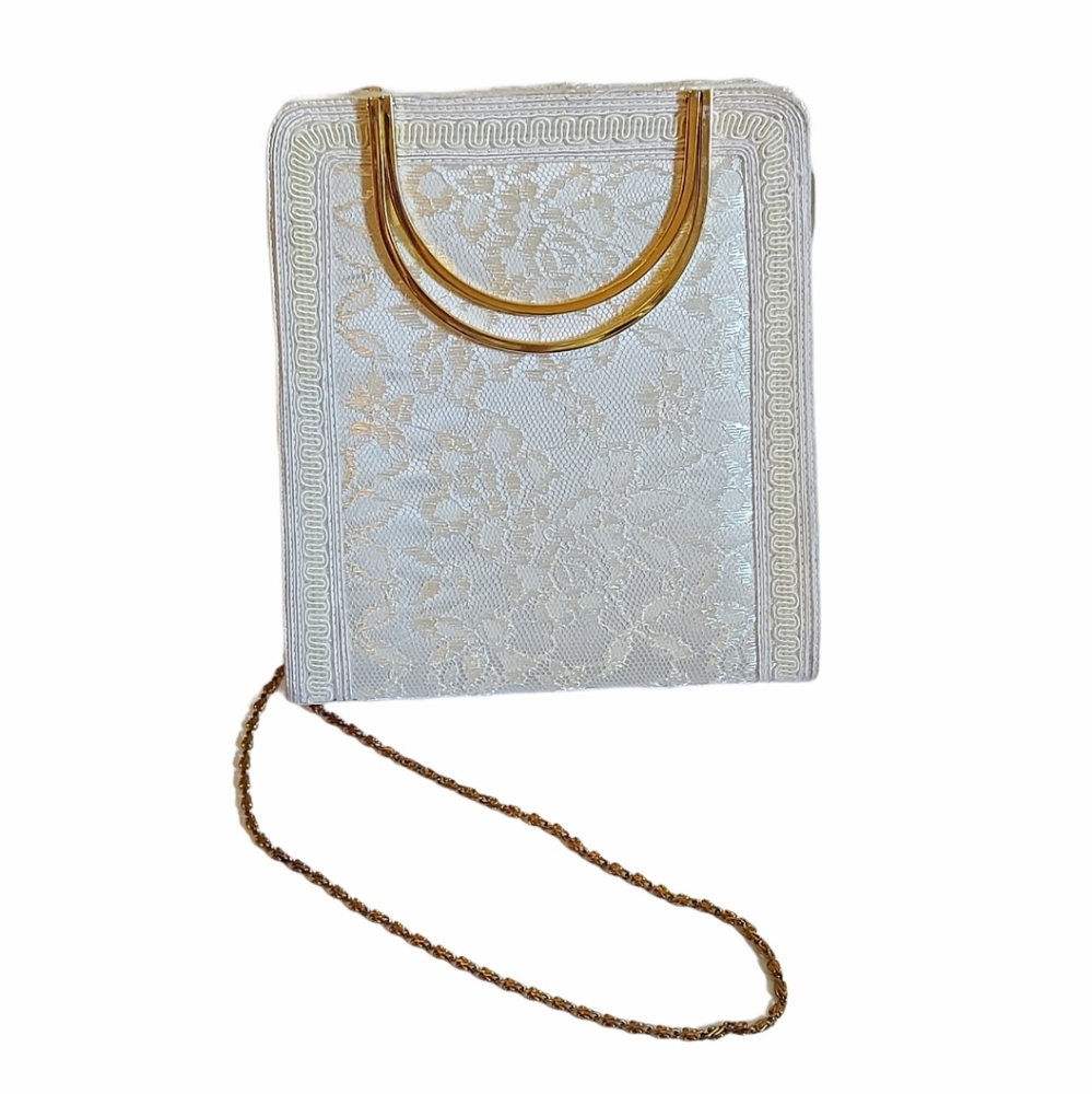 Cream Lace & Gold Handbag with Chain Strap